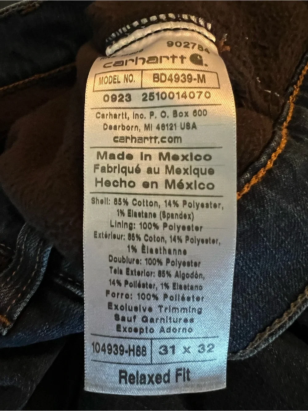 Carhartt Men's Straight Cut Relaxed Fit Jeans - Dark Indigo - Lined 31 x 32